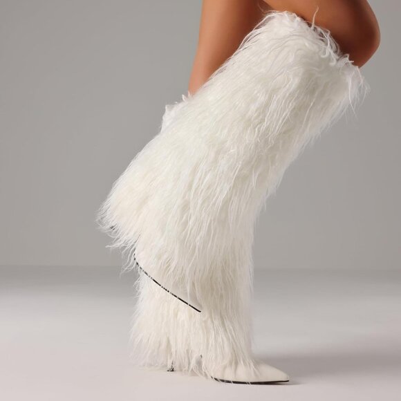 Women's white Kalstage Fur Knee High Heeled Wide Calf Party Fashion Boots - Picture 5 of 6